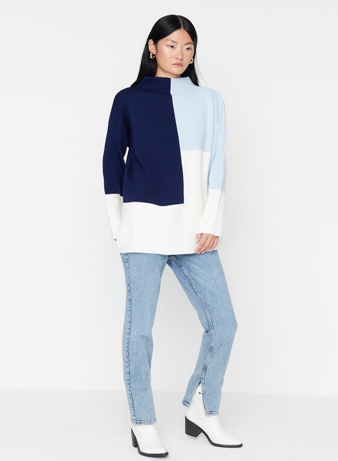 trendyol Blue Color Color Block High Neck Knitwear Sweater TCTAW22AK0054 - Image 3