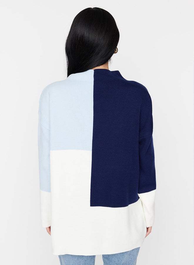 trendyol Blue Color Color Block High Neck Knitwear Sweater TCTAW22AK0054 - Image 5