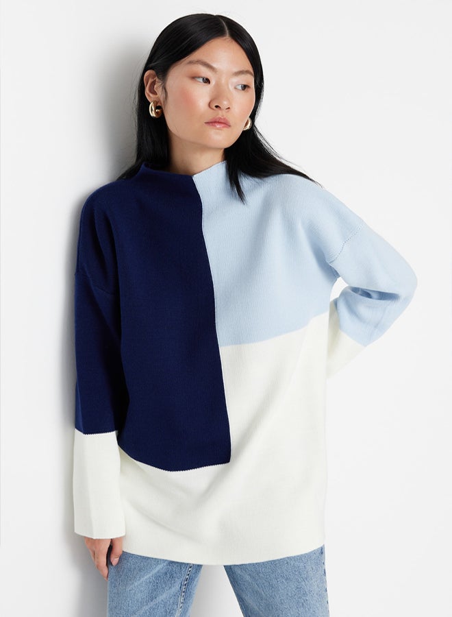 trendyol Blue Color Color Block High Neck Knitwear Sweater TCTAW22AK0054 - Image 2