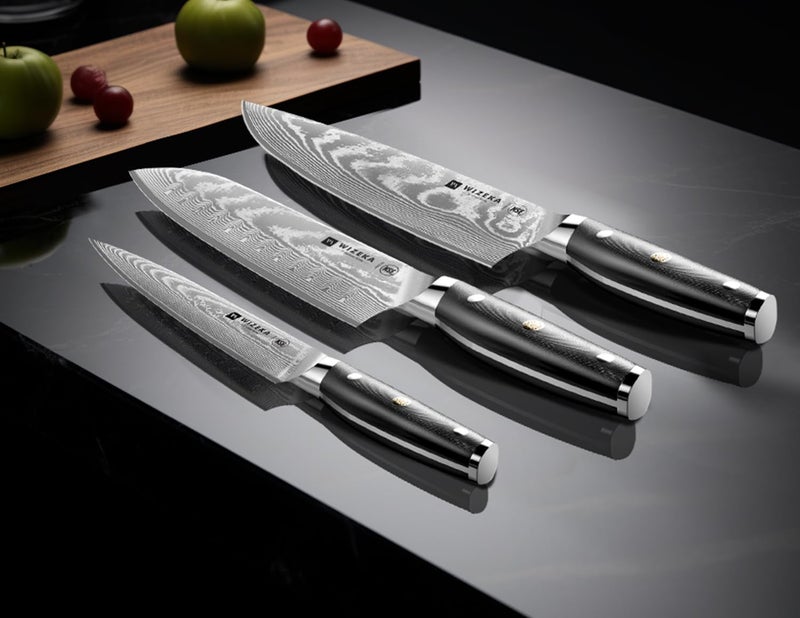 WIZEKA Damascus Chef Knife Set: 3 PCS,Super Sharp Kitchen Knives: Made of Japanese Steel VG10: Full Tang Professional Chef Knife Set With G10 Ergonomic Handle - Image 5