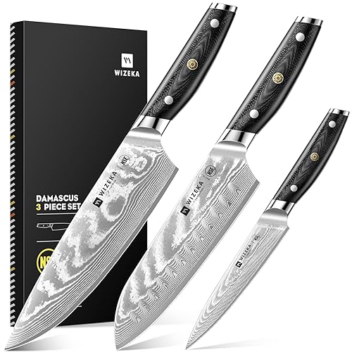 WIZEKA Damascus Chef Knife Set: 3 PCS,Super Sharp Kitchen Knives: Made of Japanese Steel VG10: Full Tang Professional Chef Knife Set With G10 Ergonomic Handle - Image 1