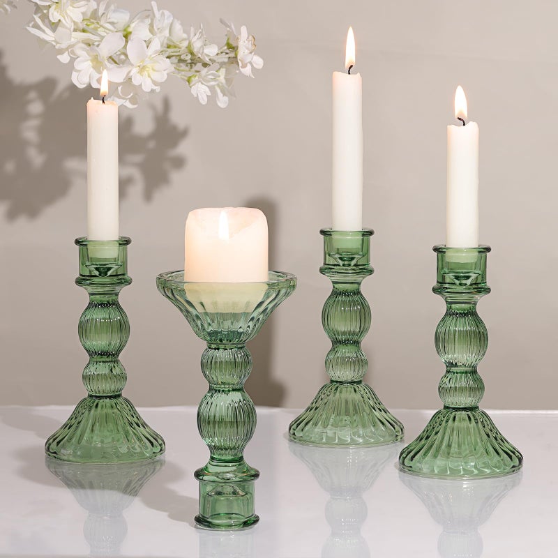 DARJEN Green Candlestick Holders Set of 4 Vertical Stripe Glass Candle Holders for Candlesticks and Taper Candles Taper Candle Holder for Wedding Home Decor Table Centerpieces
