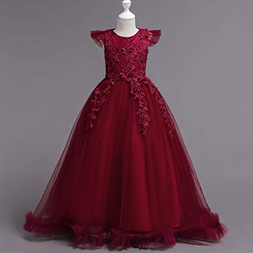 IWEMEK Big Little Girl Princess Embroidery Flower Lace Long A Line Pageant Dress Kids Floor Length Prom First Holy Communion Bowknot Dress Puffy Tulle Maxi Ball Gown for Wedding Party Birthday Red 7-8 - Image 3