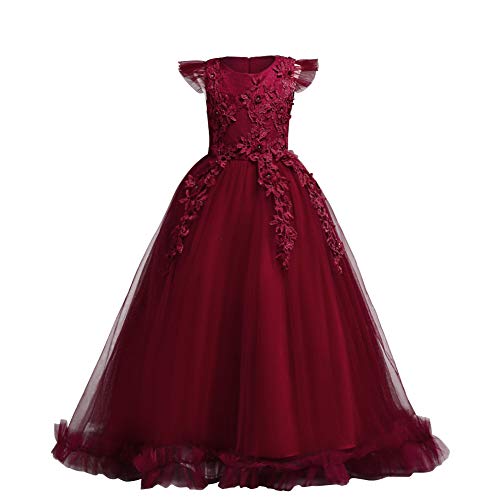IWEMEK Big Little Girl Princess Embroidery Flower Lace Long A Line Pageant Dress Kids Floor Length Prom First Holy Communion Bowknot Dress Puffy Tulle Maxi Ball Gown for Wedding Party Birthday Red 7-8 - Image 1