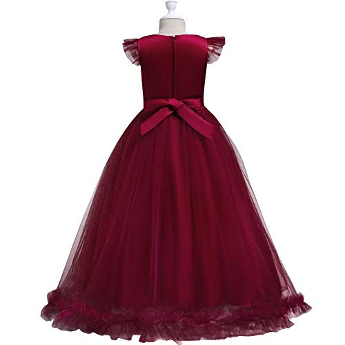 IWEMEK Big Little Girl Princess Embroidery Flower Lace Long A Line Pageant Dress Kids Floor Length Prom First Holy Communion Bowknot Dress Puffy Tulle Maxi Ball Gown for Wedding Party Birthday Red 7-8 - Image 5