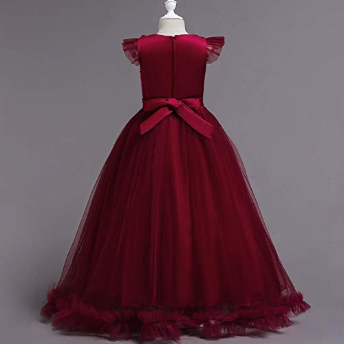 IWEMEK Big Little Girl Princess Embroidery Flower Lace Long A Line Pageant Dress Kids Floor Length Prom First Holy Communion Bowknot Dress Puffy Tulle Maxi Ball Gown for Wedding Party Birthday Red 7-8 - Image 2