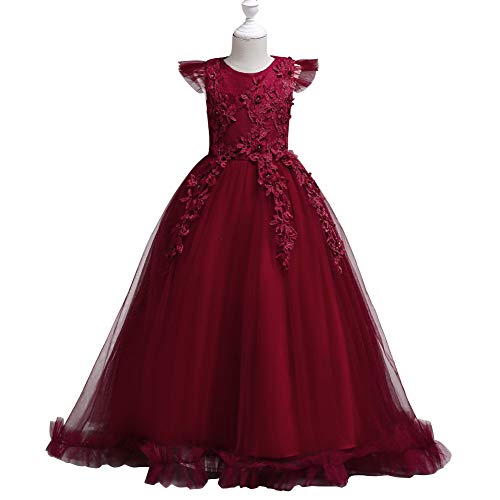 IWEMEK Big Little Girl Princess Embroidery Flower Lace Long A Line Pageant Dress Kids Floor Length Prom First Holy Communion Bowknot Dress Puffy Tulle Maxi Ball Gown for Wedding Party Birthday Red 7-8 - Image 4