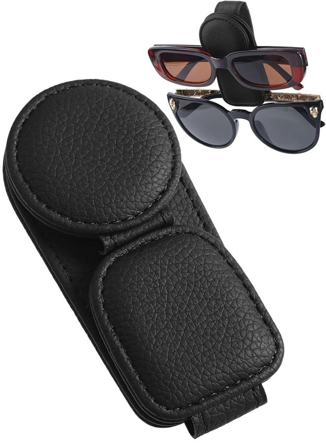 Sunglasses Holder for Car Visor Leather Eyeglass Hanger Magnetic Sunglasses Holder with 2 Clips (Black) - Image 1