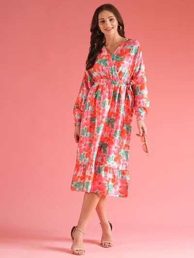 globus Women Red Floral Print Satin Tie-Ups Midi Dress