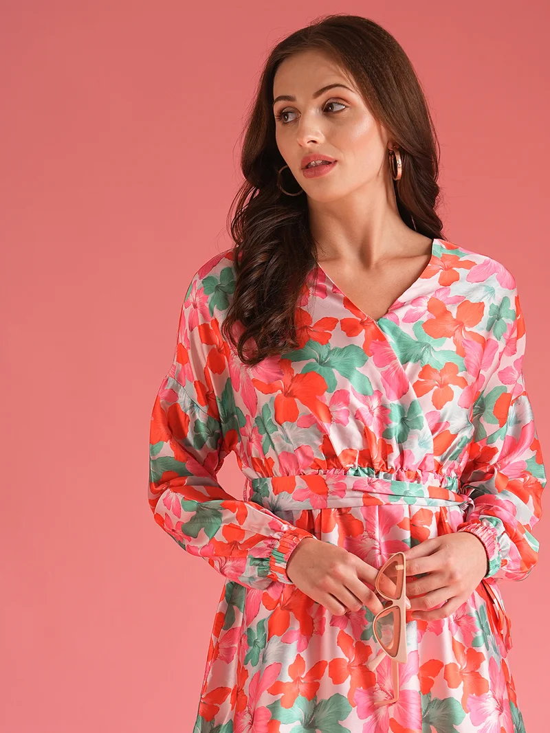 globus Women Red Floral Print Satin Tie-Ups Midi Dress