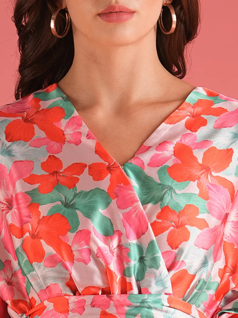 globus Women Red Floral Print Satin Tie-Ups Midi Dress