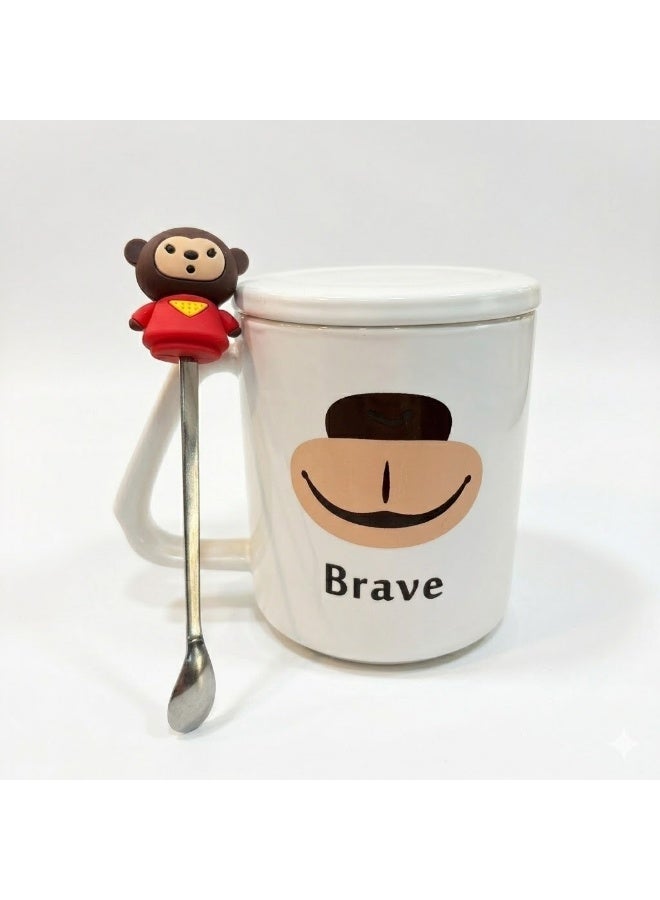 بريف ✨ كوب سيراميك بغطاء مع ملعقة بتصميم مرح – لمسة أناقة وبهجة في كل رشفة ☕🐵 - Image 2