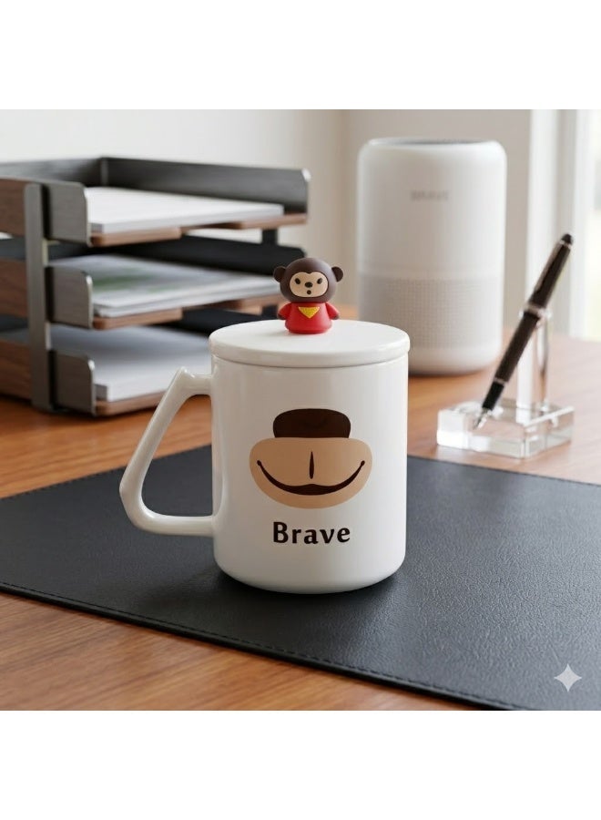 بريف ✨ كوب سيراميك بغطاء مع ملعقة بتصميم مرح – لمسة أناقة وبهجة في كل رشفة ☕🐵 - Image 3