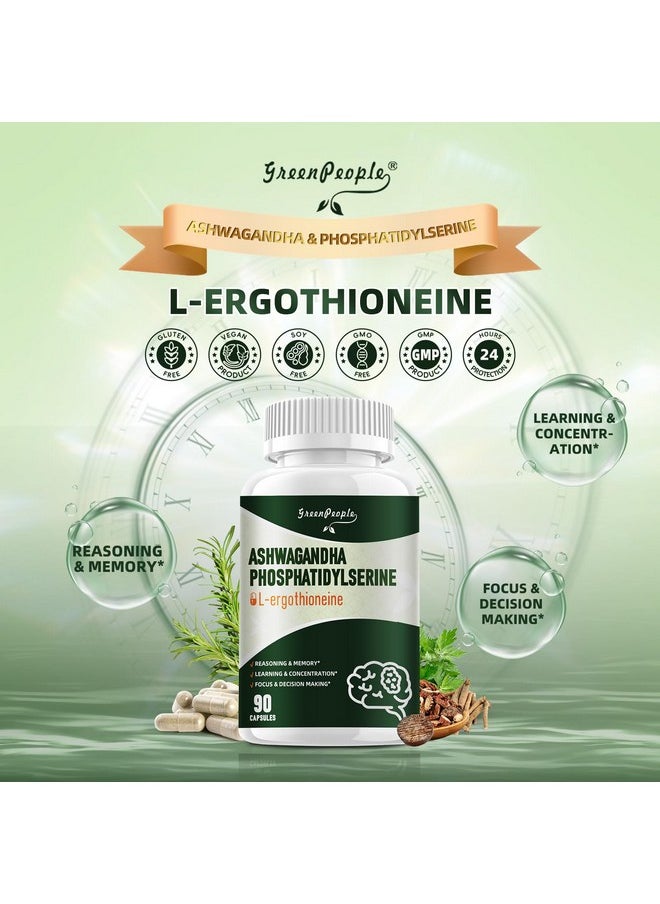 GREENPEOPLE - GREENPEOPLE L-Ergothioneine 25MG Complex Capsules - 90 CT 9 in1 Brain Supplement with Ashwagandha & Phosphatidylserine for Reasoning & Memory/Learning & Concentration/Focus - Image 1