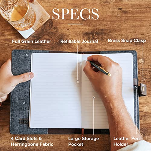 CASE ELEGANCE Full Grain Premium Leather Refillable Journal Cover with A5 Lined Notebook Pen Loop Card Slots Brass Snap - Image 3