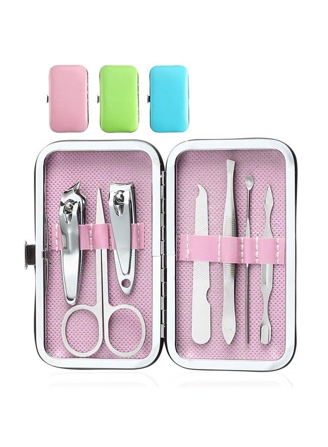 YWQ 3 Pack 7Pcs Manicure Set,Cute and Surprisingly Sturdy Stainless Steel Nail Clipper Set with case, Great Gifts Personal Pedicure Kit for Women Men Girls Travel, Pink Blue Green - Image 1