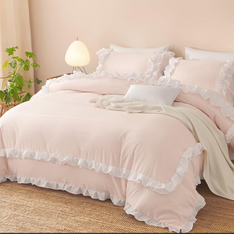 CCoutueChen Ruffle Duvet Cover Queen 3Pcs Blush Pink Shabby Chic Farmhouse Bedding Set Girls 100% Washed Microfiber Duvet Cover Set Boho Vintage Ruffled Bedding with 2 Pillowcases(No Comforter) - Image 3