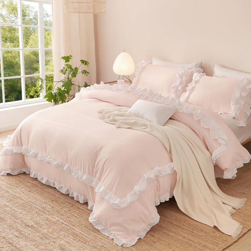 CCoutueChen Ruffle Duvet Cover Queen 3Pcs Blush Pink Shabby Chic Farmhouse Bedding Set Girls 100% Washed Microfiber Duvet Cover Set Boho Vintage Ruffled Bedding with 2 Pillowcases(No Comforter) - Image 1