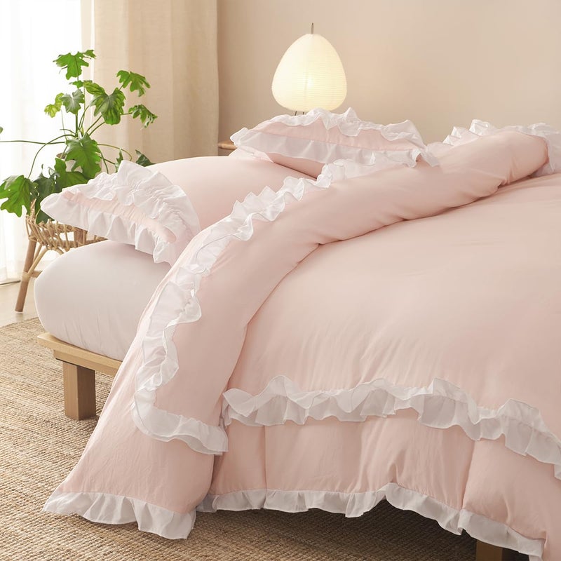 CCoutueChen Ruffle Duvet Cover Queen 3Pcs Blush Pink Shabby Chic Farmhouse Bedding Set Girls 100% Washed Microfiber Duvet Cover Set Boho Vintage Ruffled Bedding with 2 Pillowcases(No Comforter) - Image 4
