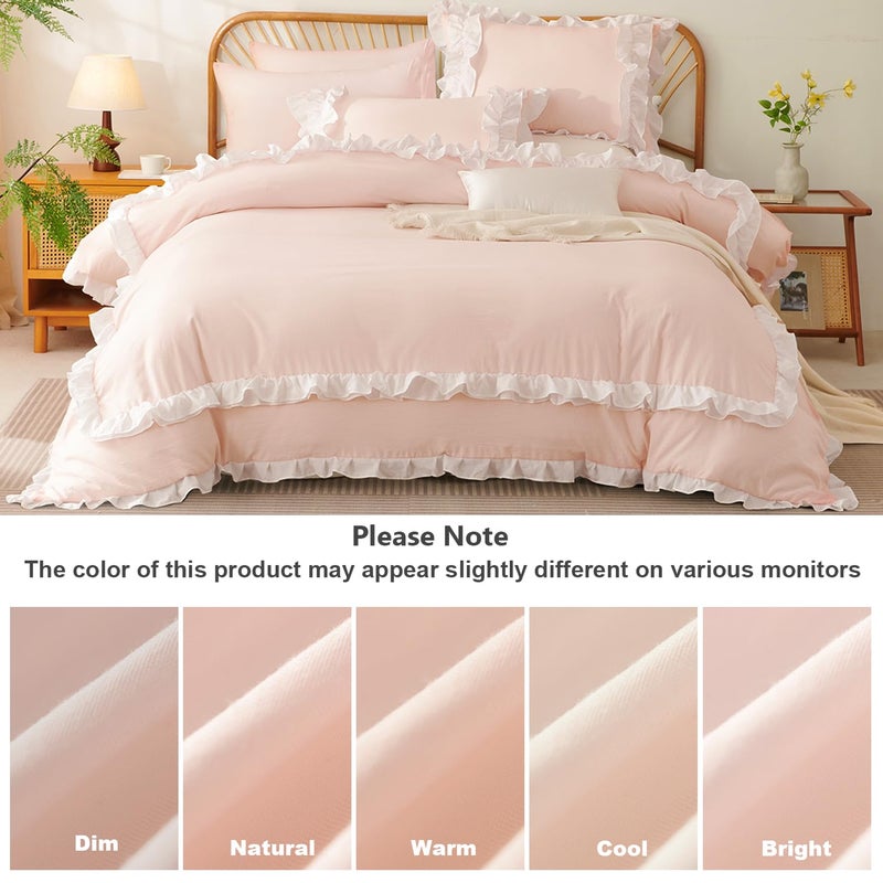 CCoutueChen Ruffle Duvet Cover Queen 3Pcs Blush Pink Shabby Chic Farmhouse Bedding Set Girls 100% Washed Microfiber Duvet Cover Set Boho Vintage Ruffled Bedding with 2 Pillowcases(No Comforter) - Image 2