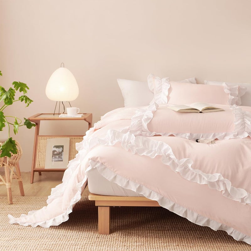 CCoutueChen Ruffle Duvet Cover Queen 3Pcs Blush Pink Shabby Chic Farmhouse Bedding Set Girls 100% Washed Microfiber Duvet Cover Set Boho Vintage Ruffled Bedding with 2 Pillowcases(No Comforter) - Image 5