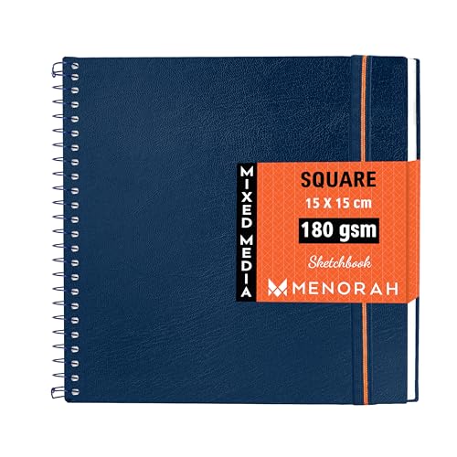 MENORAH - Square Spiral Sketch Book for Artist - 180 GSM - 100 Pages/50 Sheets - Square Sketchbook for Drawing, Painting, Acrylics, Gouache - Metal Spiral Bound -(15.0 x 15.0 cm) - Dark Blue - Image 1