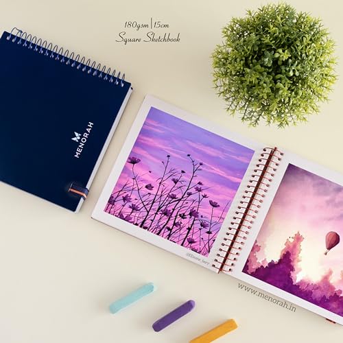 MENORAH - Square Spiral Sketch Book for Artist - 180 GSM - 100 Pages/50 Sheets - Square Sketchbook for Drawing, Painting, Acrylics, Gouache - Metal Spiral Bound -(15.0 x 15.0 cm) - Dark Blue - Image 5