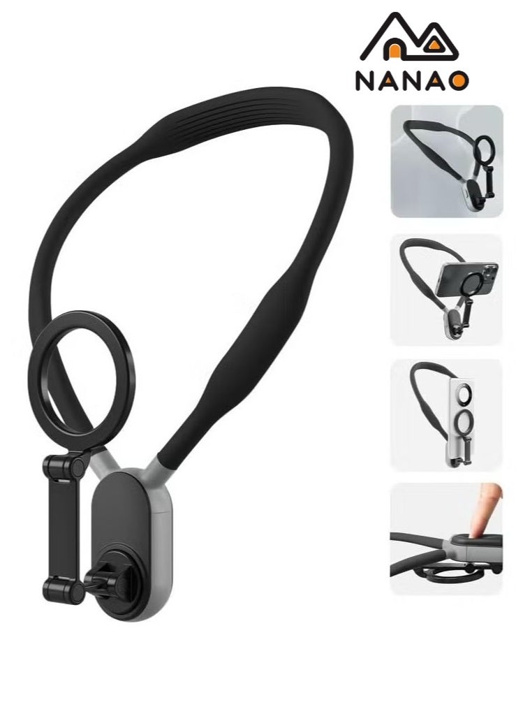 NANAO Magnetic Neck Phone Holder, Cell Phone Holder Around Neck POV/Vlog Selfie Mount Hand Free Phones Neck Holder Video Recording Chest Stand for iPhone 15 14 13 12 Pro Max Plus Mini Series Android Phones (Black)  - Image 1