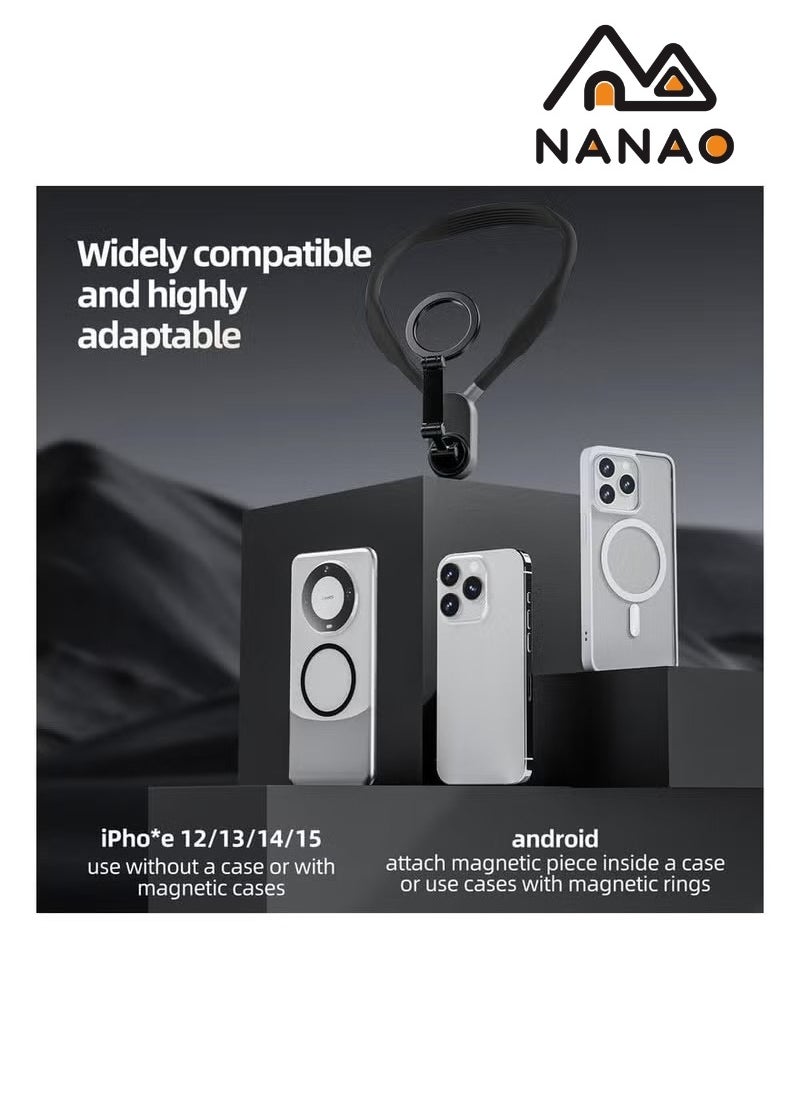 NANAO Magnetic Neck Phone Holder, Cell Phone Holder Around Neck POV/Vlog Selfie Mount Hand Free Phones Neck Holder Video Recording Chest Stand for iPhone 15 14 13 12 Pro Max Plus Mini Series Android Phones (Black)  - Image 2