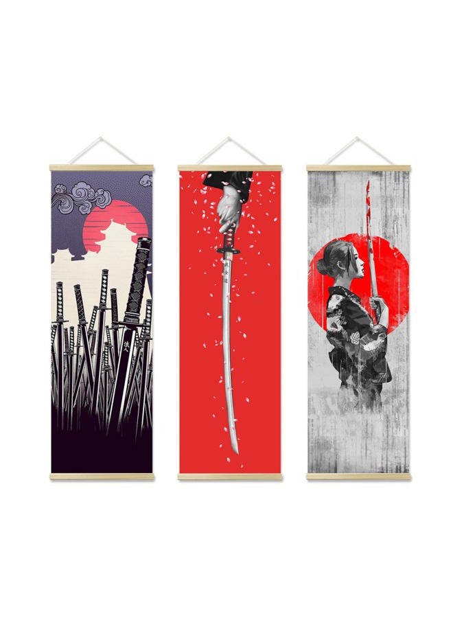 Awisbi 3Pcs Japanese Wall Sword Decor, Art, Home Decor For Bedroom, Sumurai Armor Warrior Canvas Decorations With Scroll Wood Framed, Sushi Restaurant 11'' X35'' - Image 1