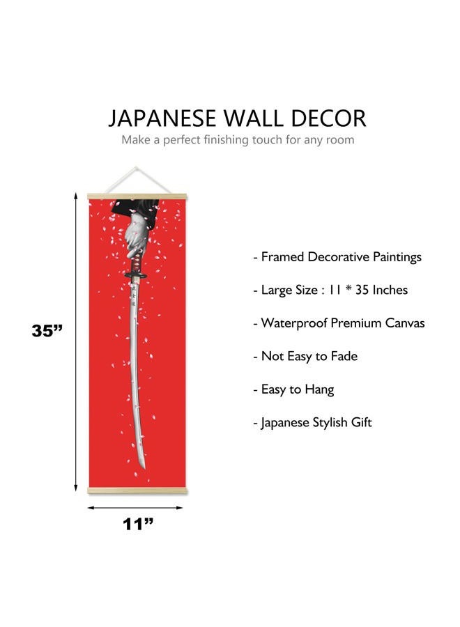 Awisbi 3Pcs Japanese Wall Sword Decor, Art, Home Decor For Bedroom, Sumurai Armor Warrior Canvas Decorations With Scroll Wood Framed, Sushi Restaurant 11'' X35'' - Image 2