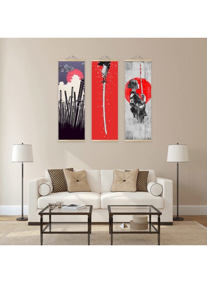 Awisbi 3Pcs Japanese Wall Sword Decor, Art, Home Decor For Bedroom, Sumurai Armor Warrior Canvas Decorations With Scroll Wood Framed, Sushi Restaurant 11'' X35'' - Image 3