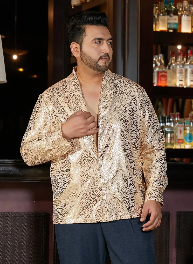 Instafab Plus Instafab Plus Men's Sand Beige Metallic Shawl Collar Relaxed Shirt For Casual Wear | Shawl Collar | Long Cuffed Sleeves | Button Closure | Plus Size Shirt Crafted With Comfort Fit For Everyday Wear