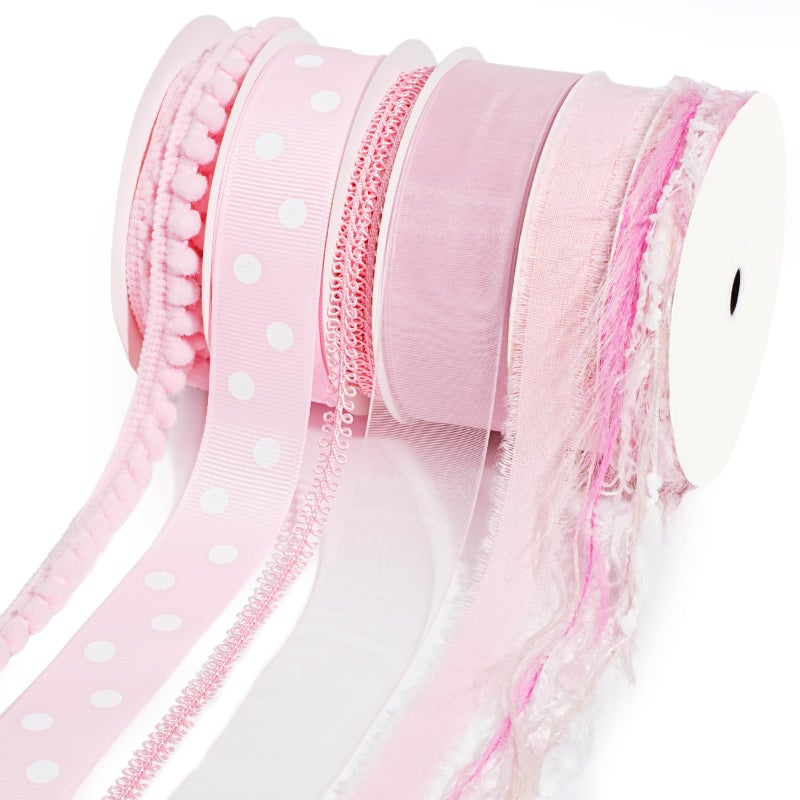 LaRibbons Pink Ribbons for Crafts 6 Rolls 27.5 Yards Total Thin Pink Ribbon for Baby Shower Sewing Gift Wrapping Clothing Trim Party and Home Decor - Image 1