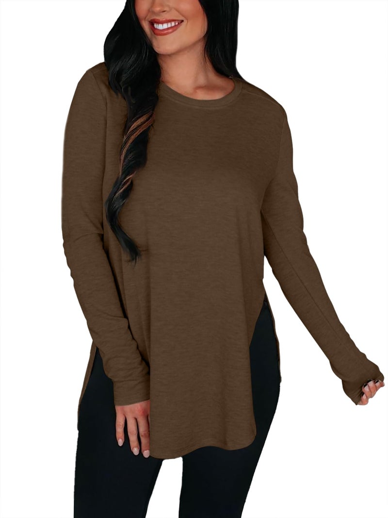BZB Womens Long Sleeve Tunic Tops Fall Casual Crew Neck Side Split Hi-Low Hem Loose Shirts To Wear With Leggings Brown - Image 4