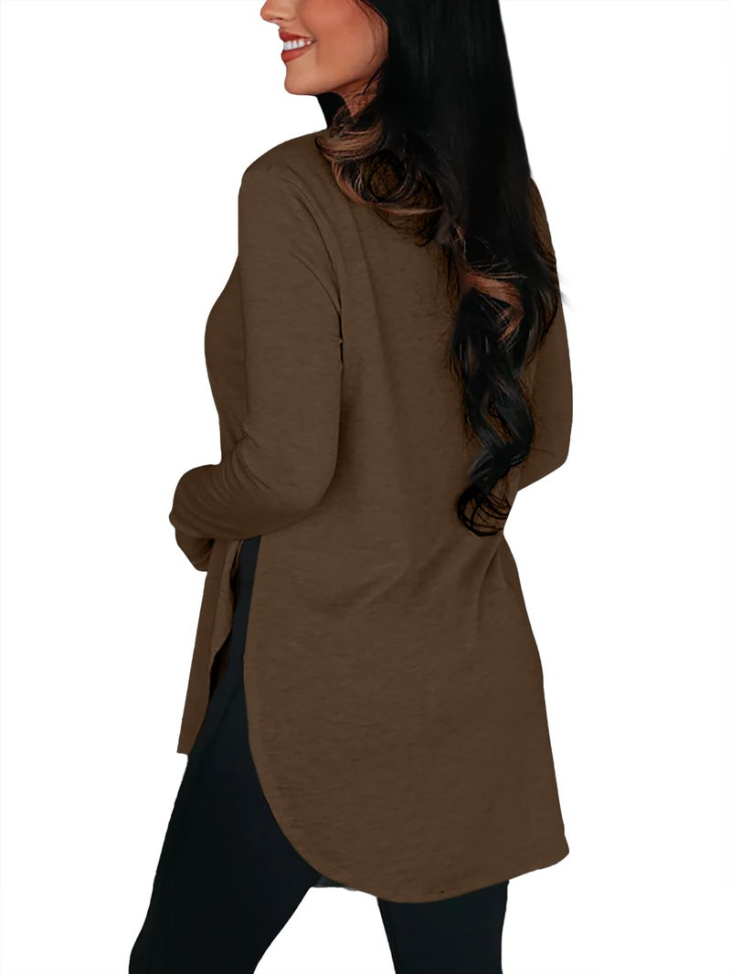 BZB Womens Long Sleeve Tunic Tops Fall Casual Crew Neck Side Split Hi-Low Hem Loose Shirts To Wear With Leggings Brown - Image 2