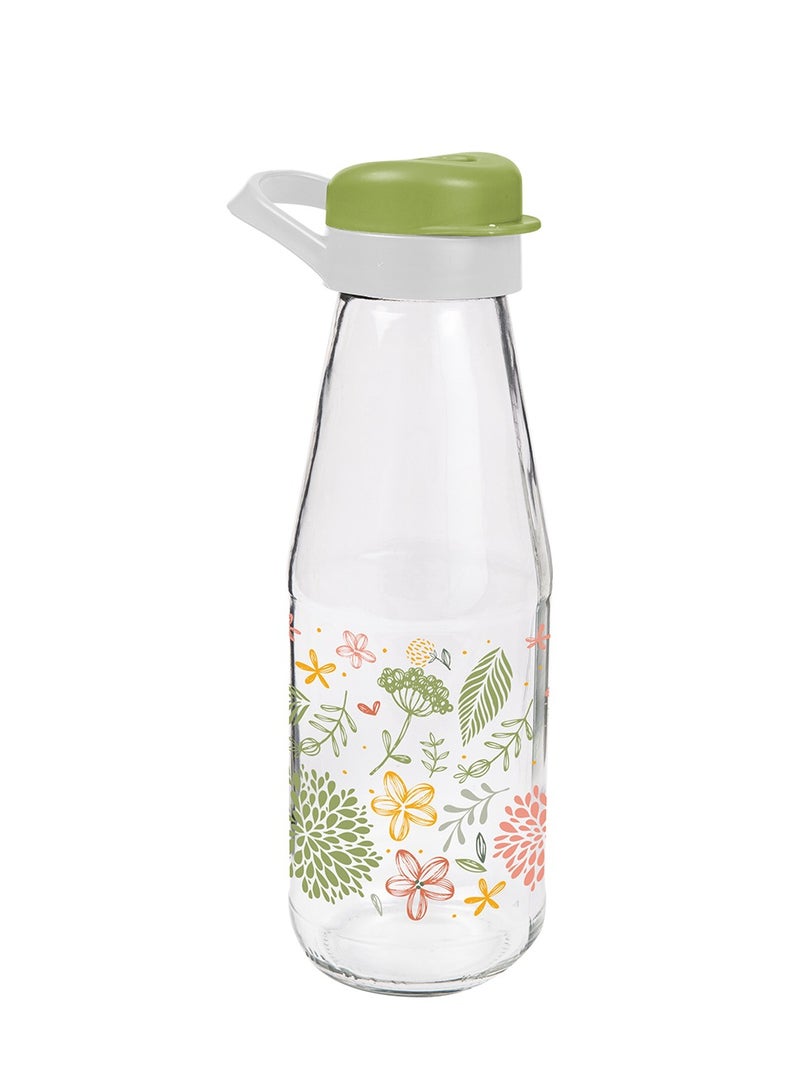 Herevin 720ml Premium Glass Water Bottle with HDPE & PP Green Leak-Proof Lid - Botanica Printed Reusable Bottle for Home, Transparent - Image 1