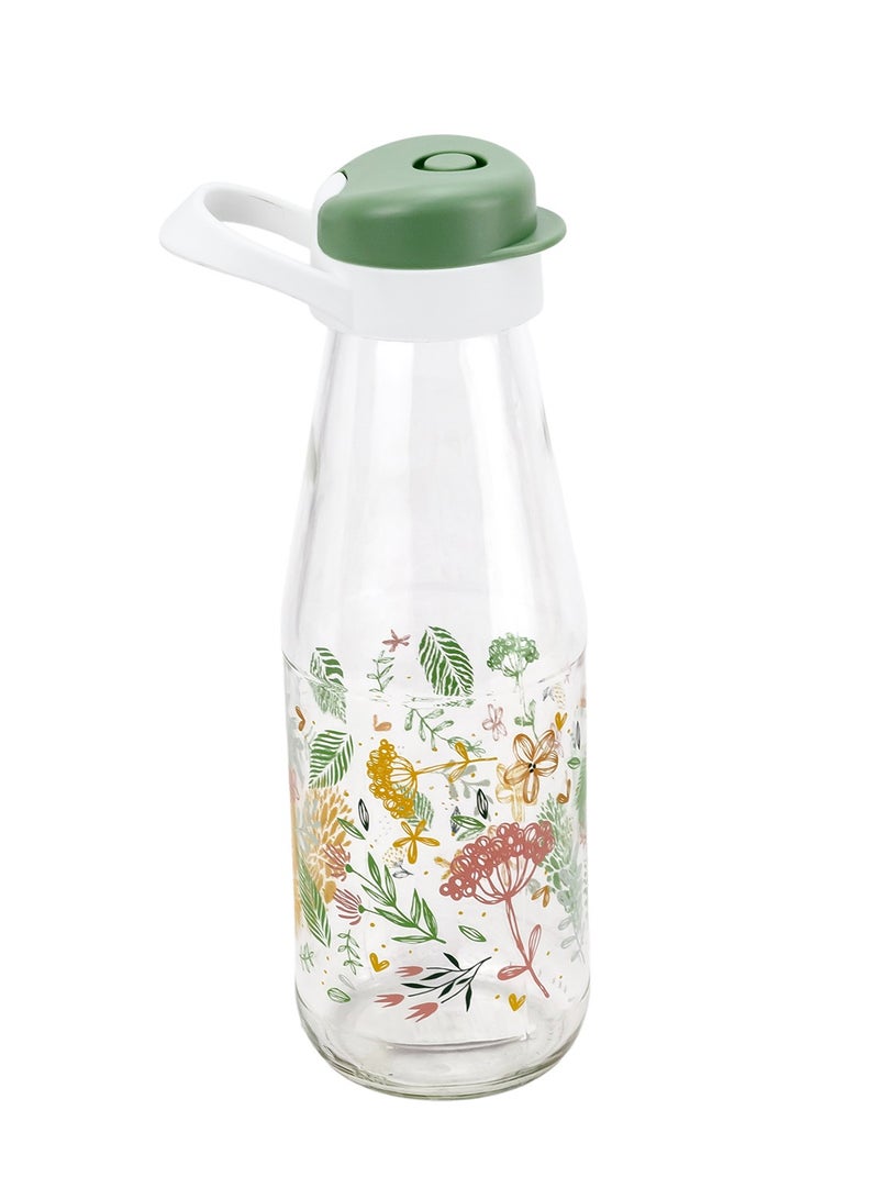 Herevin 720ml Premium Glass Water Bottle with HDPE & PP Green Leak-Proof Lid - Botanica Printed Reusable Bottle for Home, Transparent - Image 2
