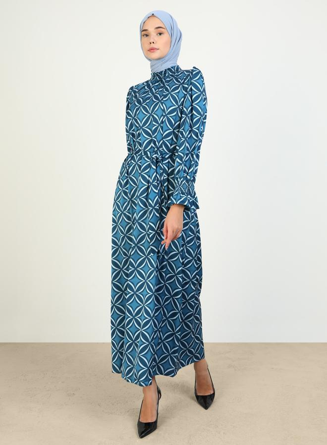 Refka by modanisa Blue All Over Print  Modest Maxi Dress - Image 2