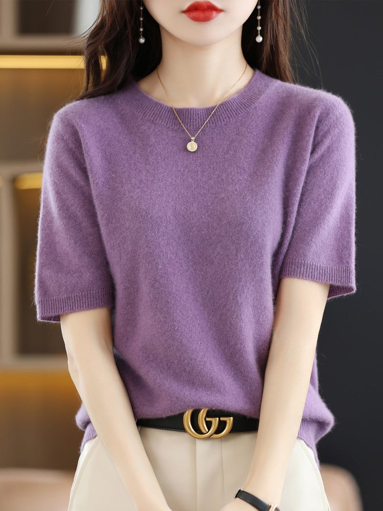 2025 New Summer Round Neck Pullover Knitted Bottoming Shirt with Three-Quarter Sleeves Thin Pure Color Pullover Inner Top to Look Slim Lotus purple-short sleeves 