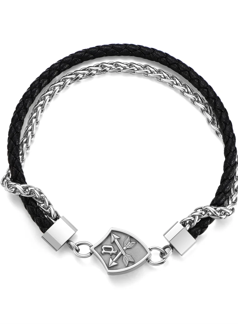 بوليس Heritage Crest Silver Chain & Black Leather Bracelet Small