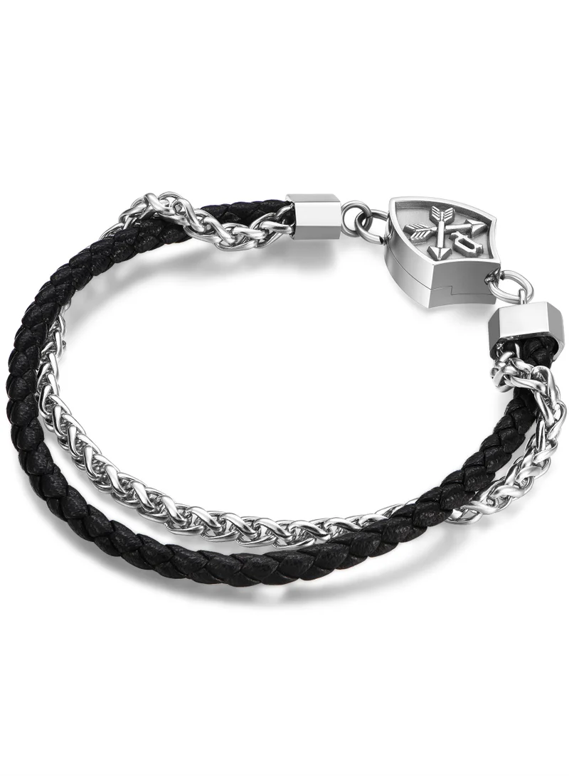 بوليس Heritage Crest Silver Chain & Black Leather Bracelet Small