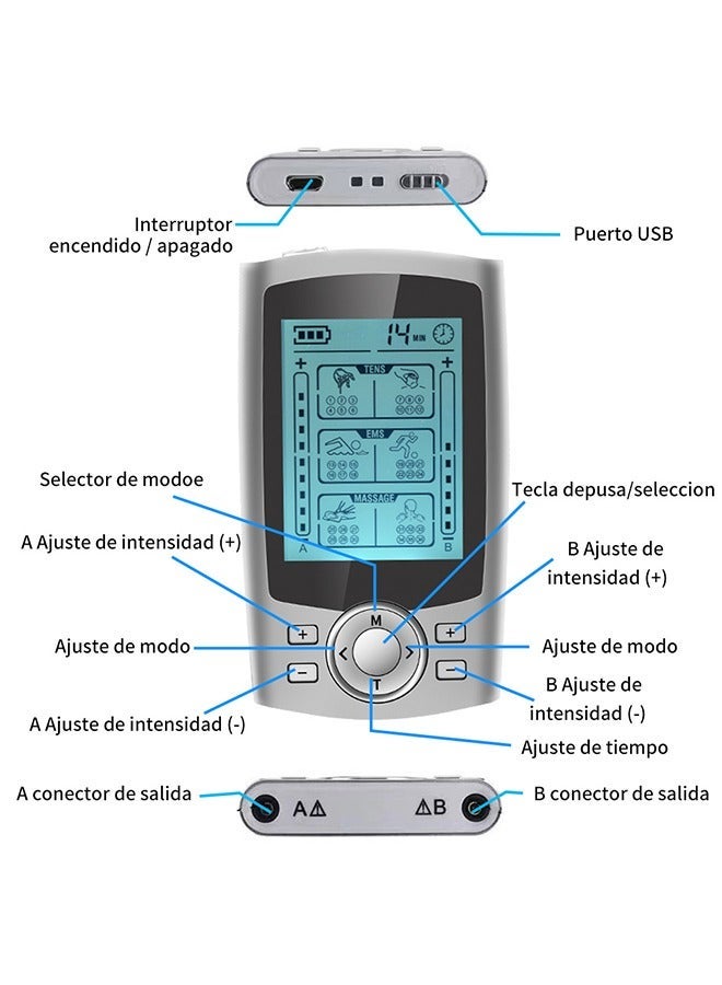 general جهاز تدليك كهربائي بالصدمات الكهربائية، جهاز تحفيز العضلات لتخفيف الألم، جهاز علاج بالصدمات الكهربائية الرقمية بقناتين و36 وضعية (فضي) - Image 3