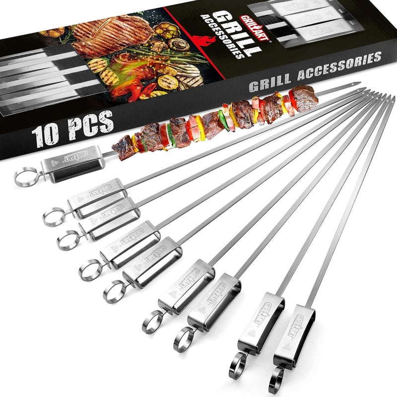 GRILLART أسياخ شواء للكباب - أسياخ معدنية للكباب مع منزلق - أسياخ شواء مسطحة من الفولاذ المقاوم للصدأ - أسياخ شيش كباب بطول 17 بوصة وأسياخ كباب مثالية للحوم والروبيان والدجاج والخضروات (10 قطع) - Image 1