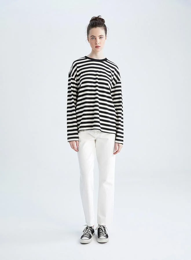 DeFacto Oversized Crew Neck Striped Long Sleeve T-Shirt by Styli