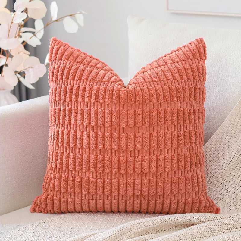 OTOSTAR Corduroy Decorative Throw Pillow Covers 20x20 Inch Super Soft Boho Striped Square Pillow Covers Case Modern Cushion Covers for Sofa Couch Bedroom Car Decor Coral - Image 1