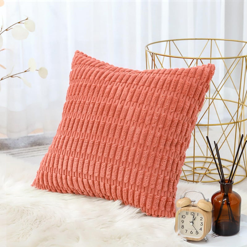 OTOSTAR Corduroy Decorative Throw Pillow Covers 20x20 Inch Super Soft Boho Striped Square Pillow Covers Case Modern Cushion Covers for Sofa Couch Bedroom Car Decor Coral - Image 2