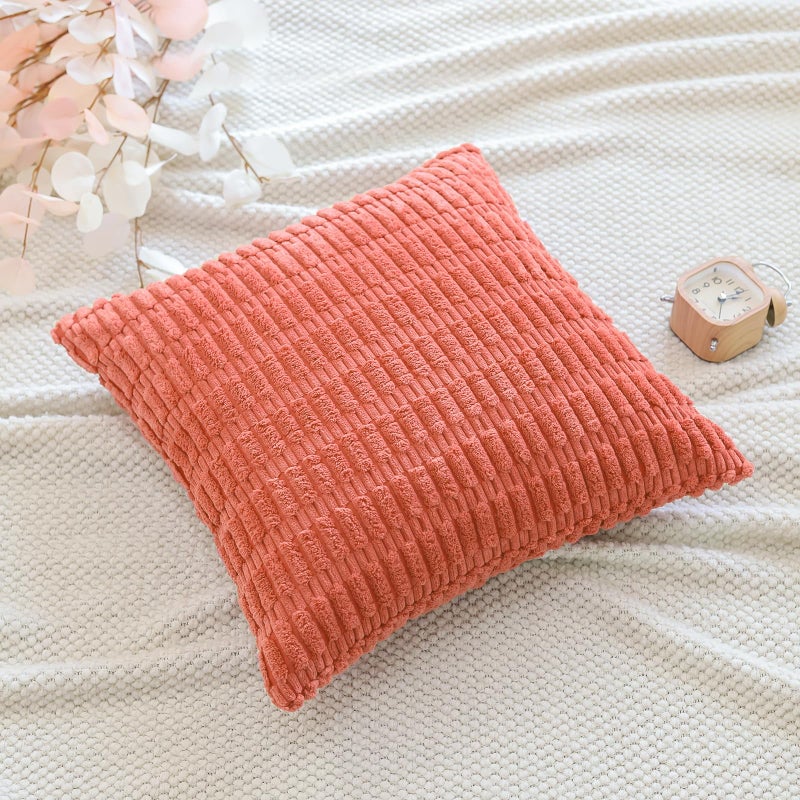 OTOSTAR Corduroy Decorative Throw Pillow Covers 20x20 Inch Super Soft Boho Striped Square Pillow Covers Case Modern Cushion Covers for Sofa Couch Bedroom Car Decor Coral - Image 3