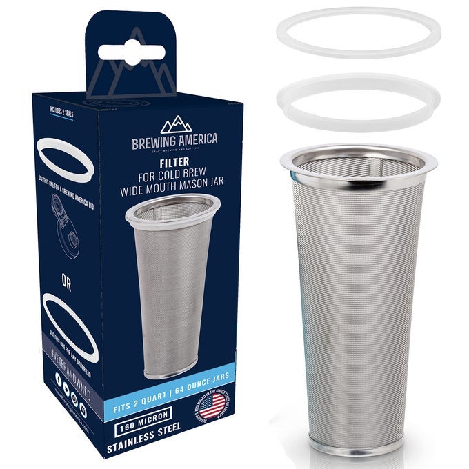 COLD BREW FILTER FOR MASON JAR WIDE MOUTH COFFEE MAKER UPGRADED STAINLESS STEEL MESH WITH SILICONE SEALS 2 QUART 64 OUNCES