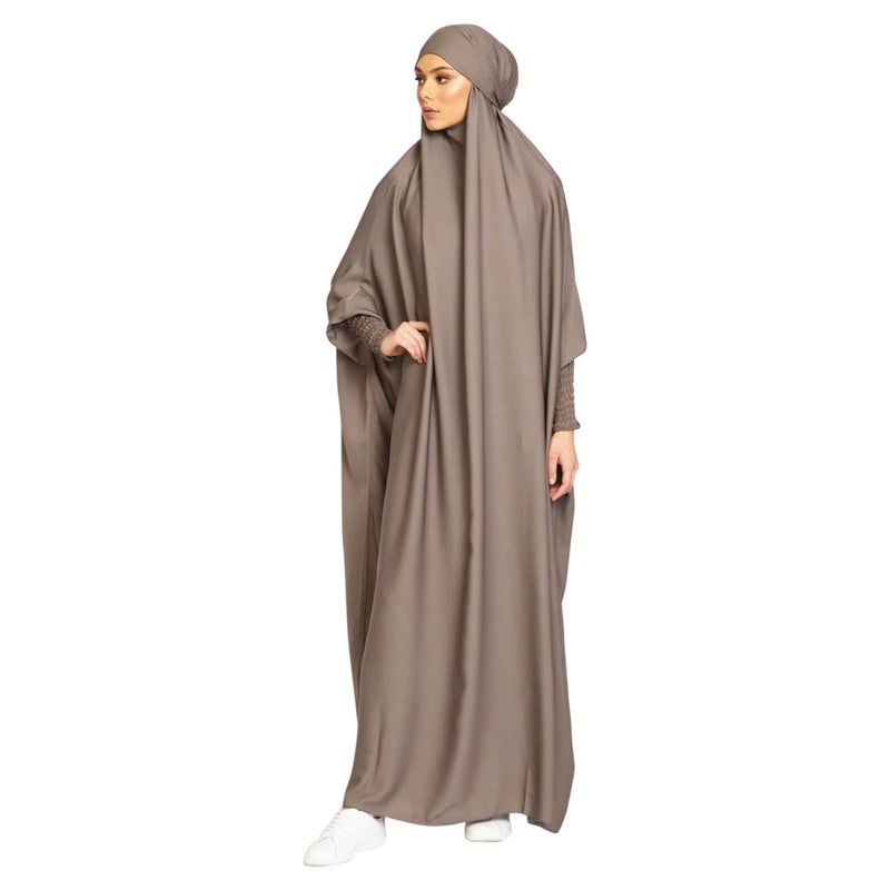 khalat Women's Solid Abaya Muslim Dress One-Piece Full Length Prayer Robe Overall Hijab Thobe Hooded Abaya Dress Grey - Image 4